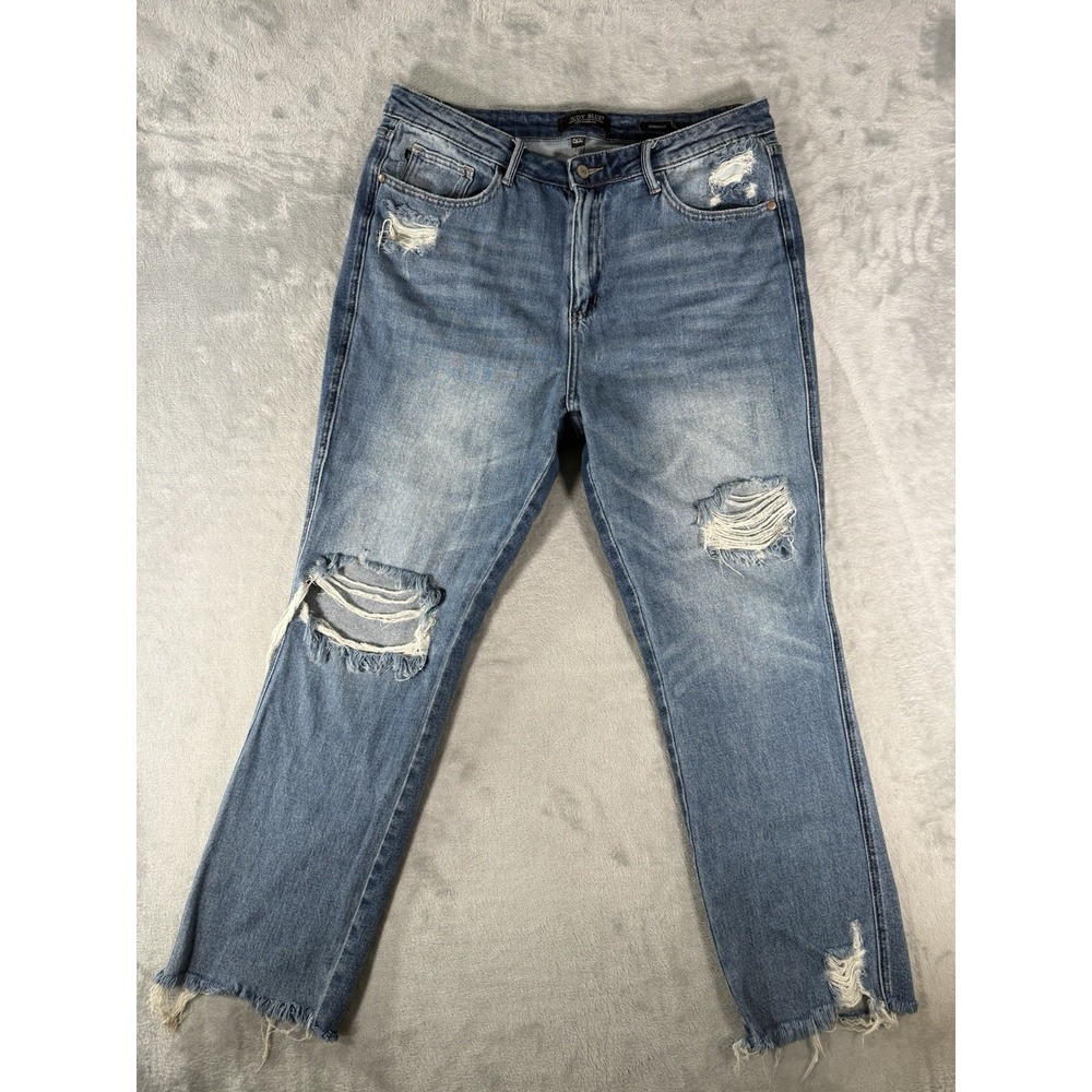 Judy Blue Jeans Womens 15/32 High Rise Rigid Magic Destroy Straight Raw Hem